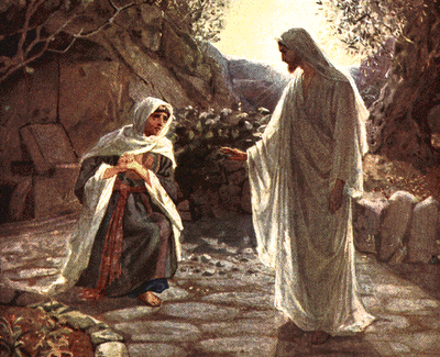 Jesus meets Mary Magdalene outside the tomb early on Easter morning